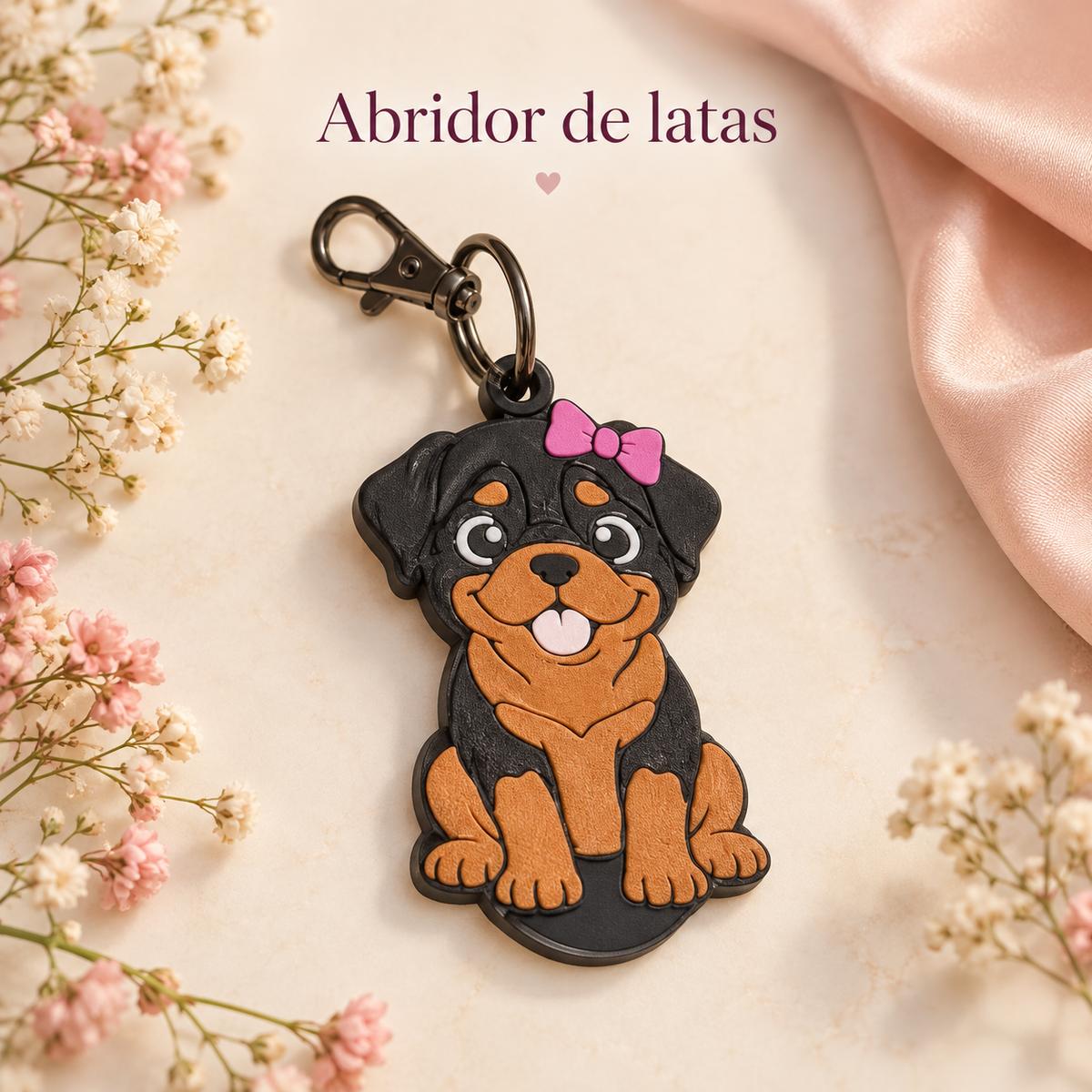 Abridor de latas — Perrito Rottweiler con moño