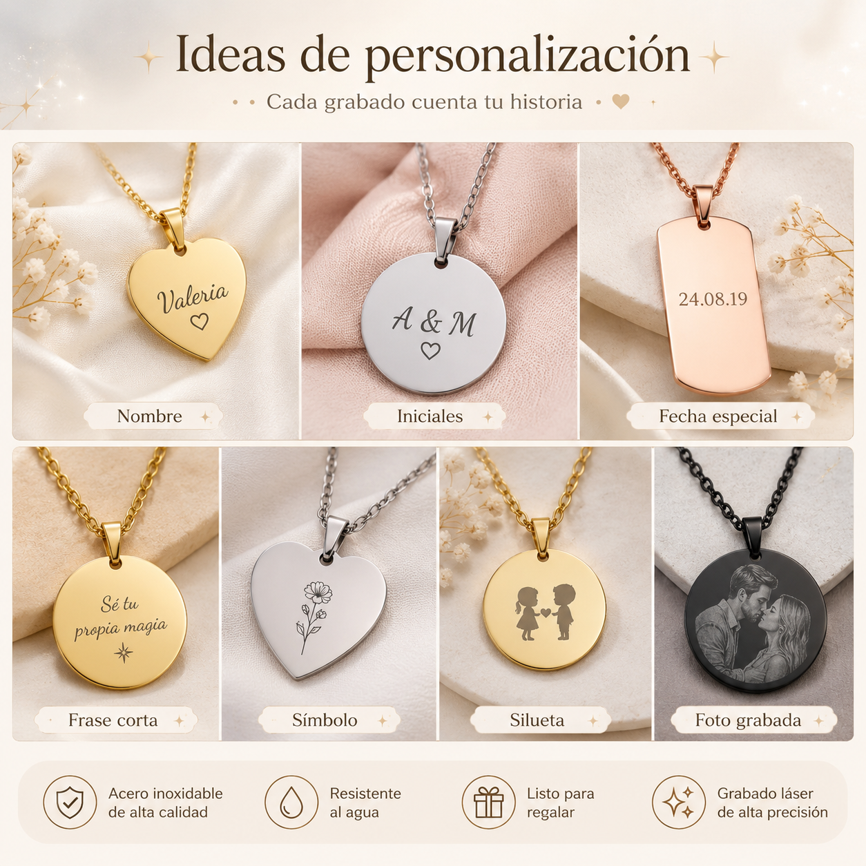 Collar Personalizado de Acero Inoxidable con Grabado Láser – Corazón o Círculo