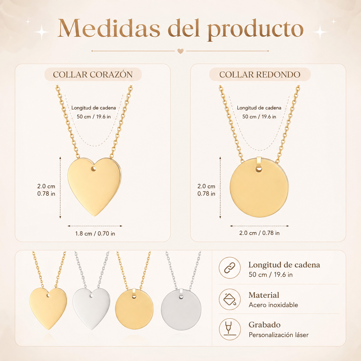 Collar Personalizado de Acero Inoxidable con Grabado Láser – Corazón o Círculo