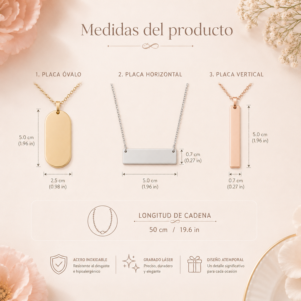 Collar Personalizado de Acero Inoxidable con Grabado Láser – Ovalado, Horizontal o Vertical