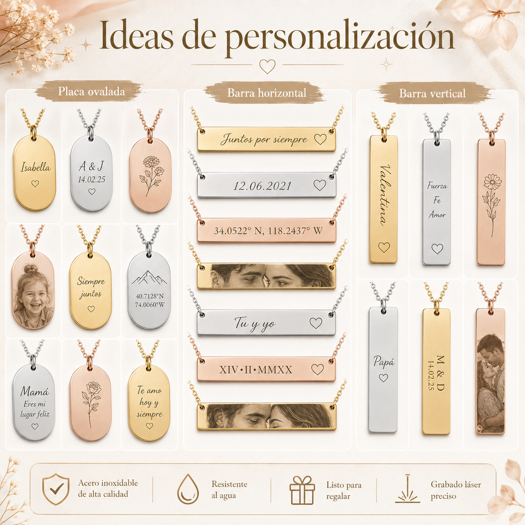 Collar Personalizado de Acero Inoxidable con Grabado Láser – Ovalado, Horizontal o Vertical