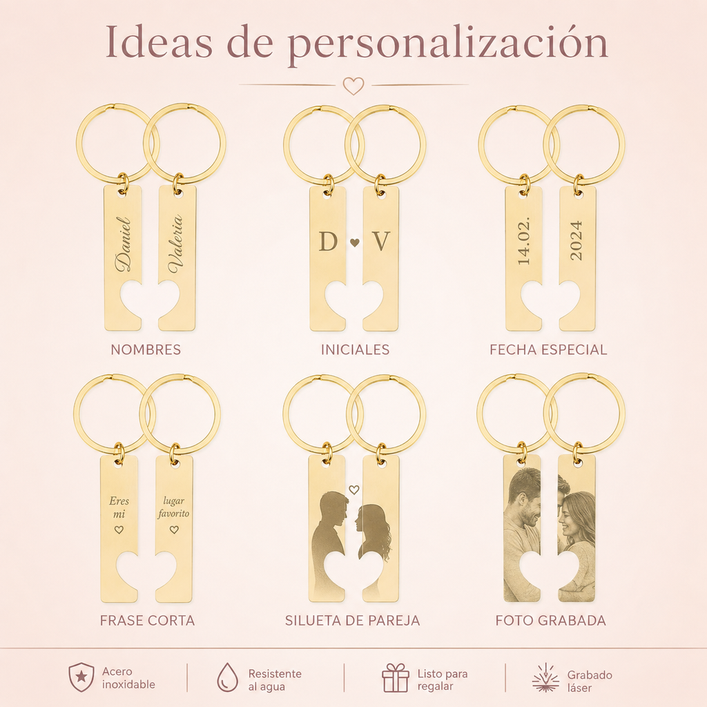Llavero Personalizado en Pareja de Acero Inoxidable con Grabado Láser – Set de 2