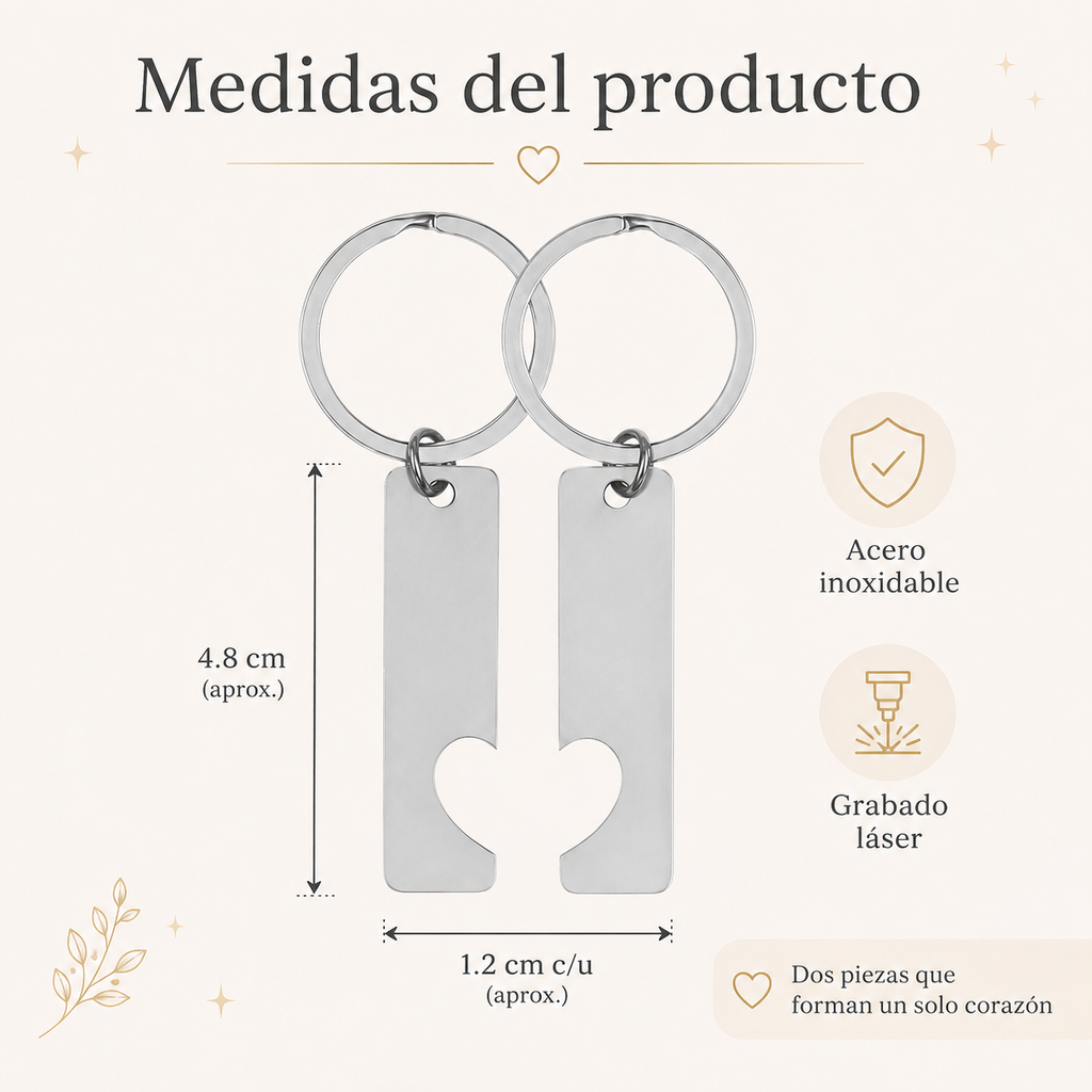 Llavero Personalizado en Pareja de Acero Inoxidable con Grabado Láser – Set de 2