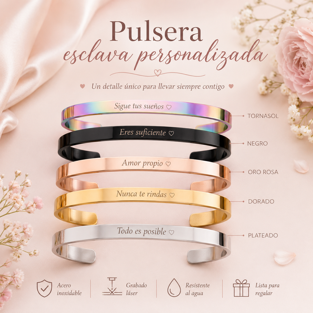 Pulsera Esclava de Acero Inoxidable Personalizada con Grabado Láser