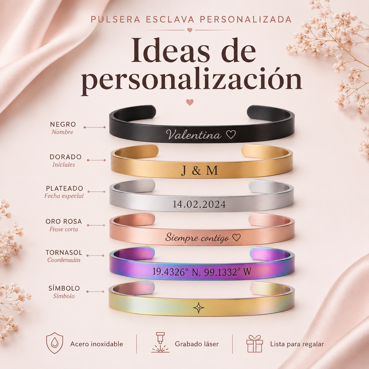 Pulsera Esclava de Acero Inoxidable Personalizada con Grabado Láser