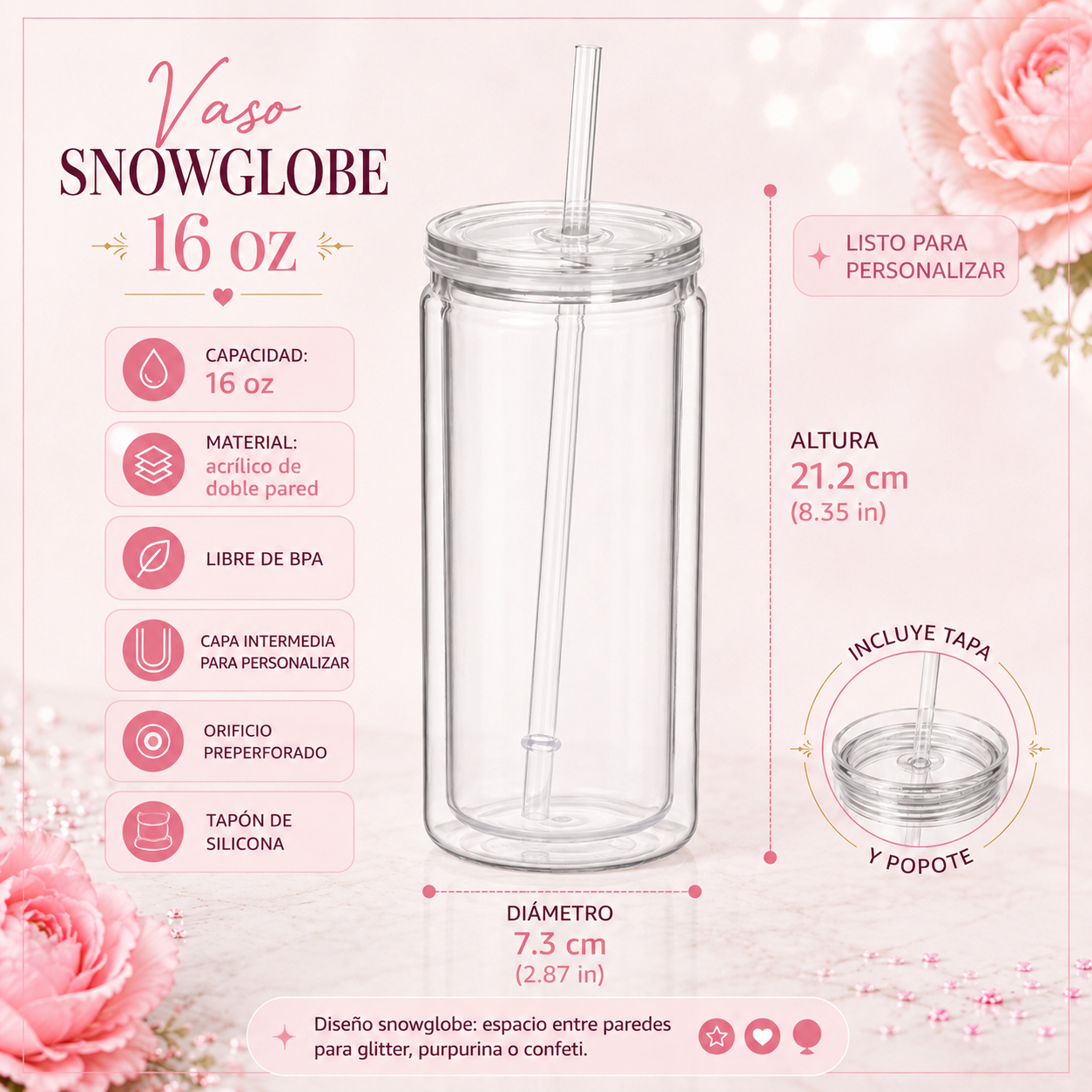 Vaso Snowglobe Personalizado 16 oz