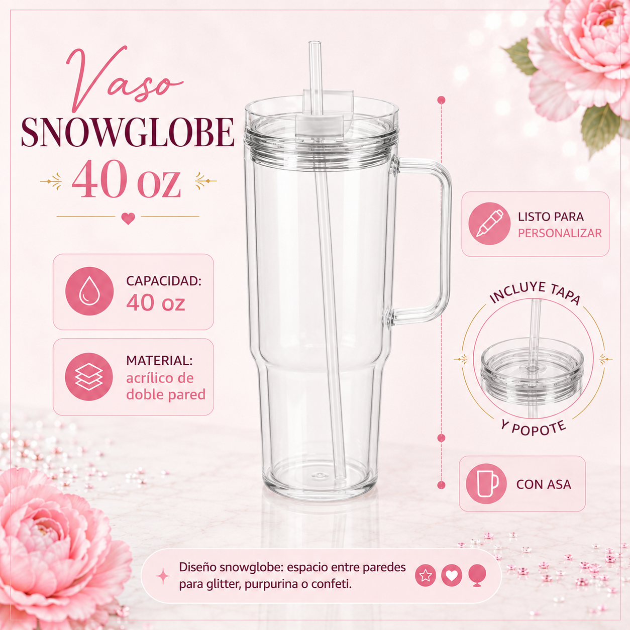 Vaso Snowglobe Personalizado 40 oz con Asa