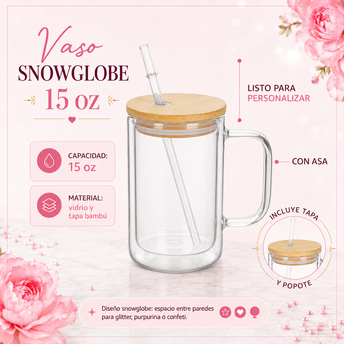 Vaso Snowglobe de Vidrio 15 oz con Tapa Bambú