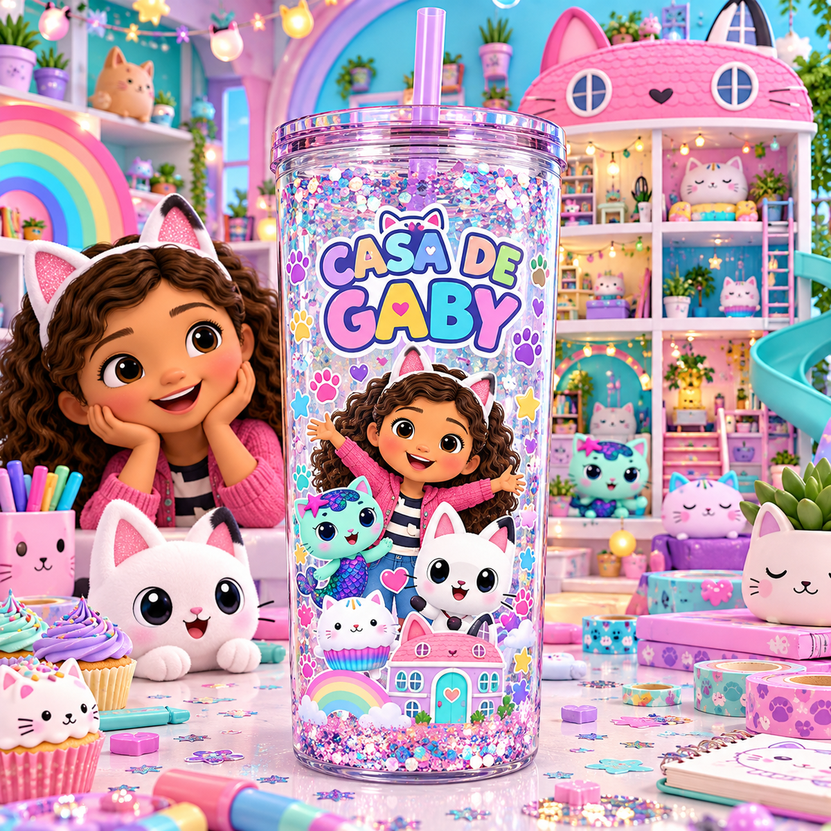 Casita de Gatitos y Diversión para Vasos Snowglobe de 16 oz (Casa de Gaby)