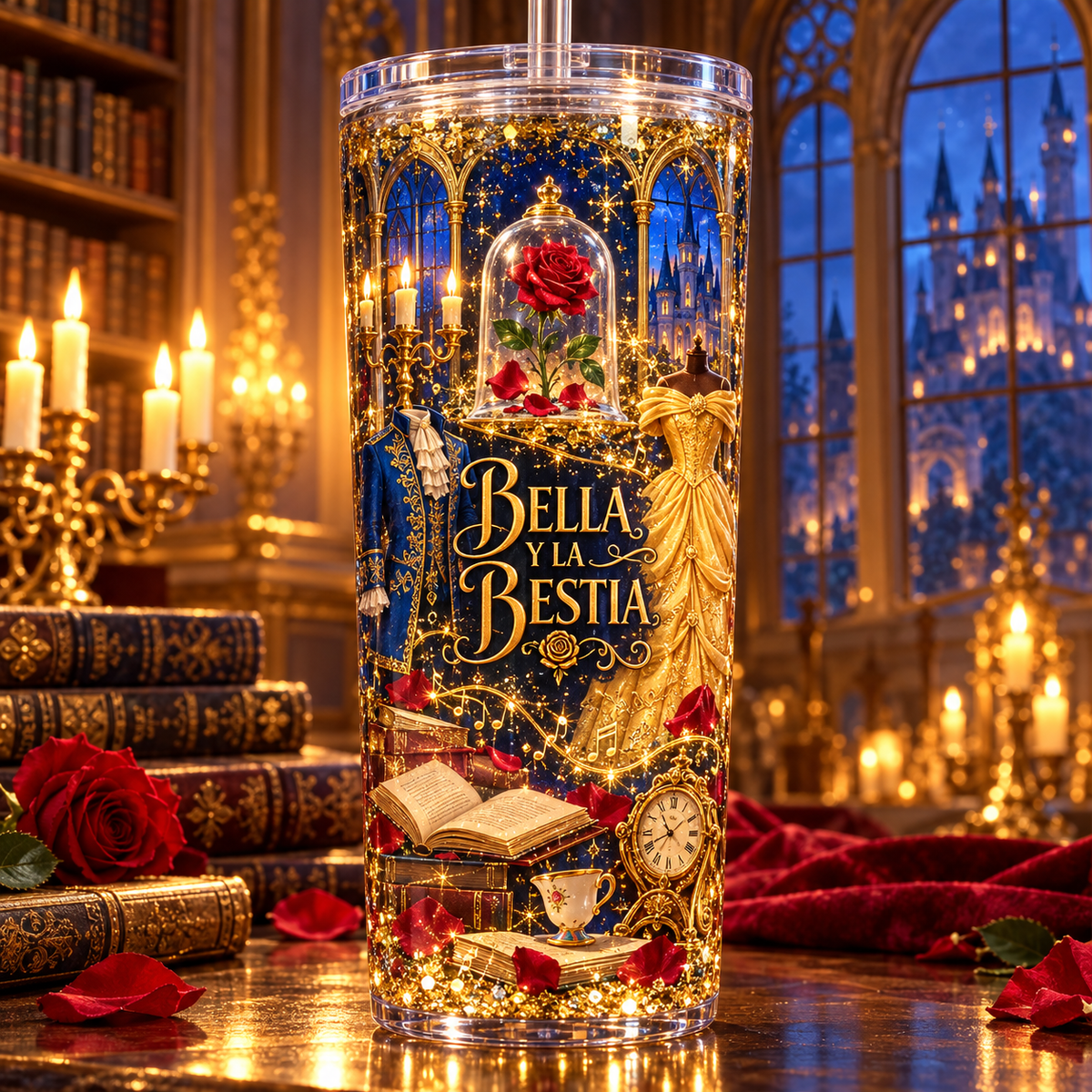 Romance Encantado para Vasos Snowglobe de 16 oz (Bella y la Bestia)