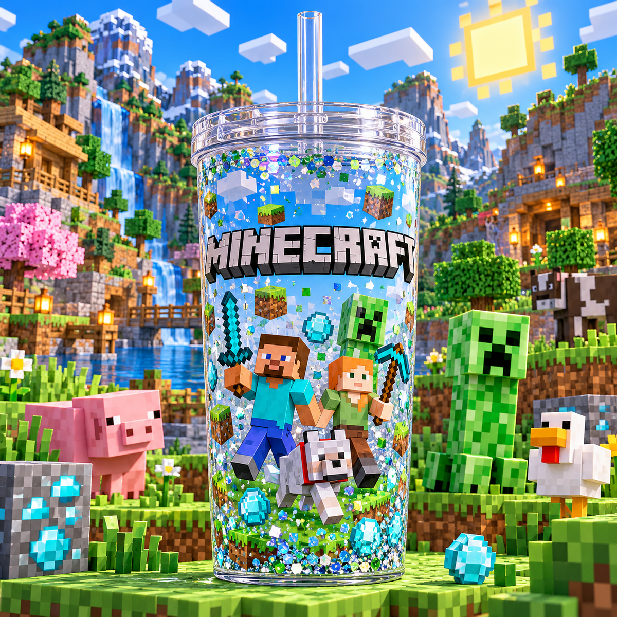Mundo de Bloques para Vasos Snowglobe de 16 oz (Minecraft)