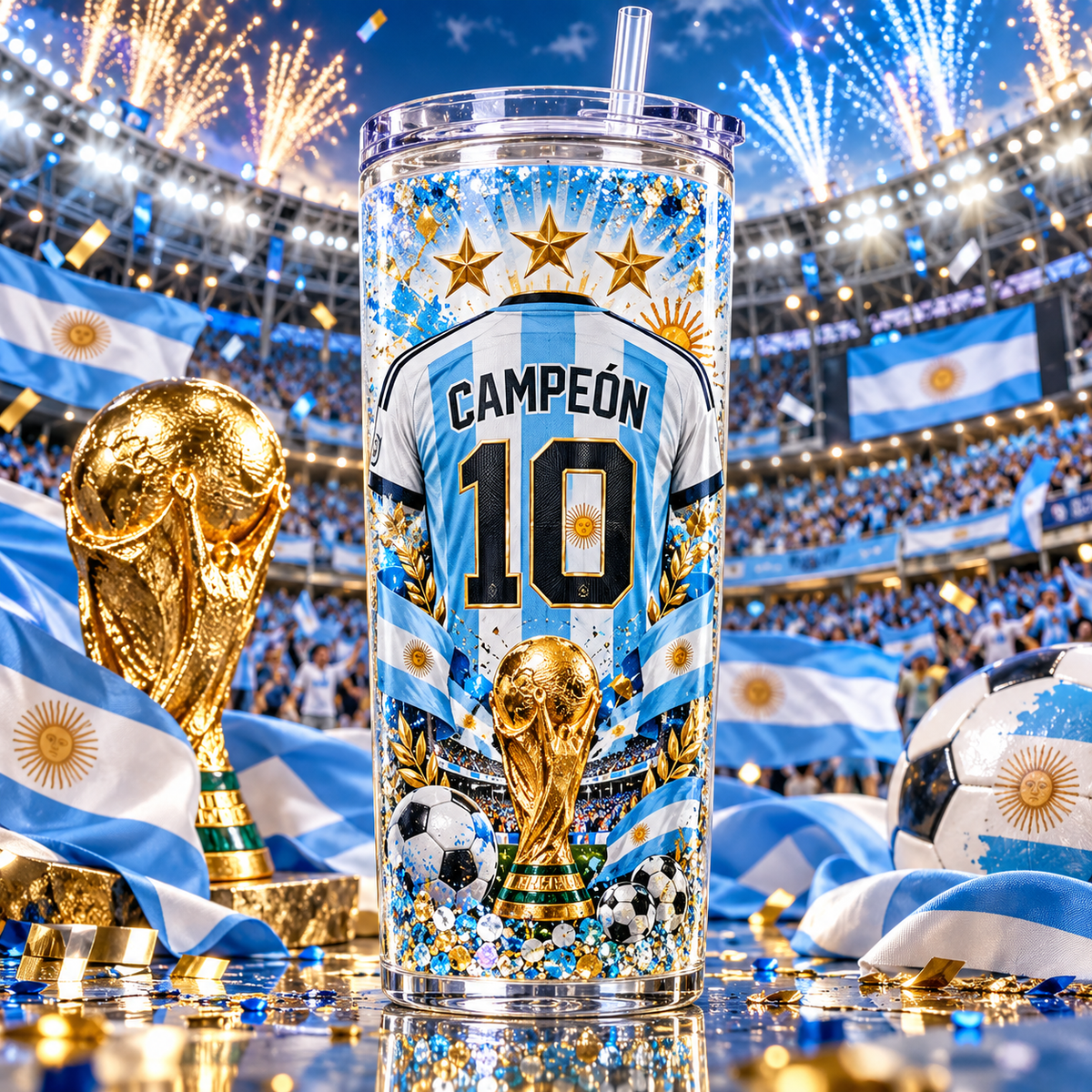 Campeón Número 10 para Vasos Snowglobe de 16 oz (Messi)