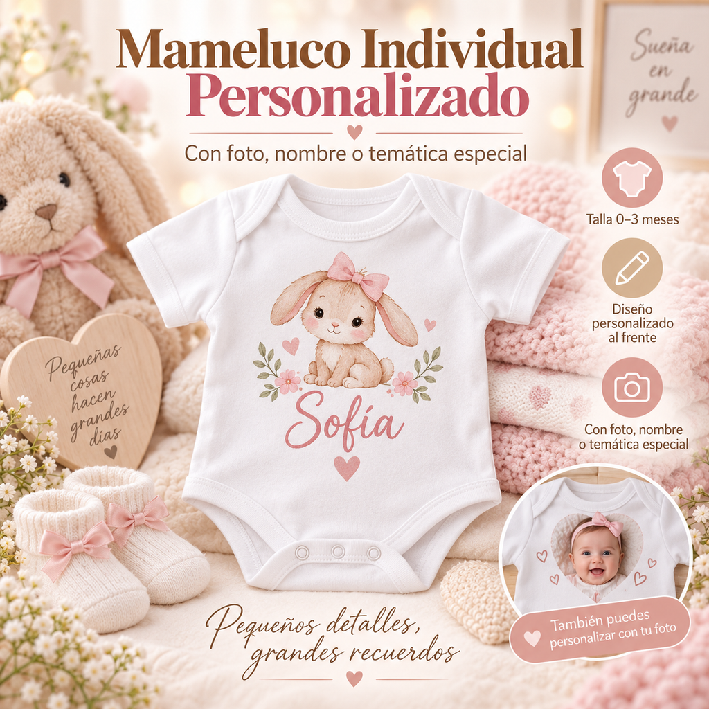 Mameluco Personalizado para Bebé con Foto, Nombre o Diseño