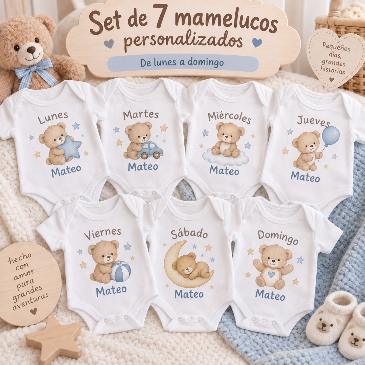 Set de 7 Mamelucos Personalizados - Lunes a Domingo