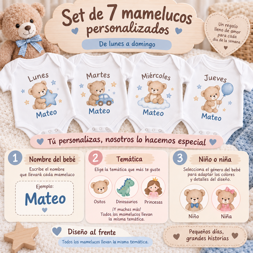 Set de 7 Mamelucos Personalizados - Lunes a Domingo