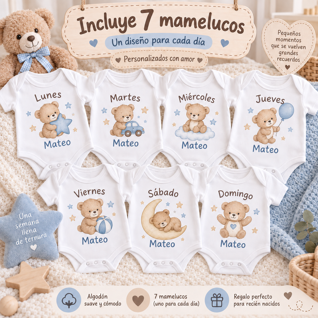 Set de 7 Mamelucos Personalizados - Lunes a Domingo