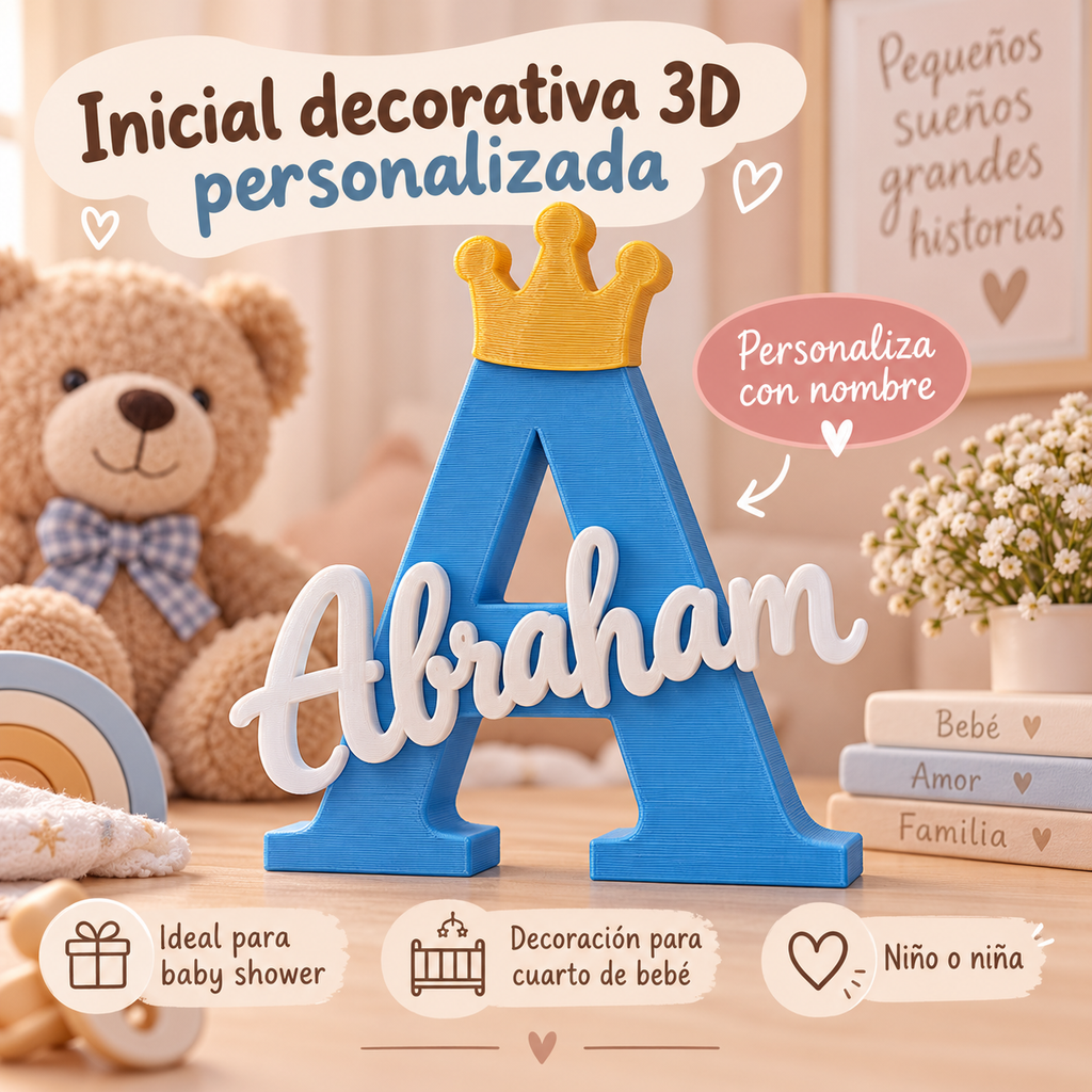 Inicial Decorativa 3D Personalizada con Nombre del Bebé