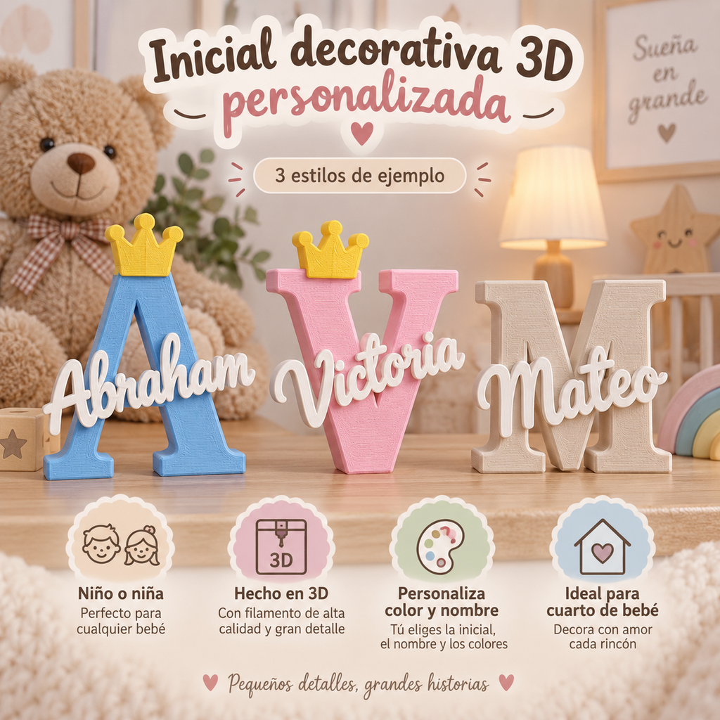Inicial Decorativa 3D Personalizada con Nombre del Bebé