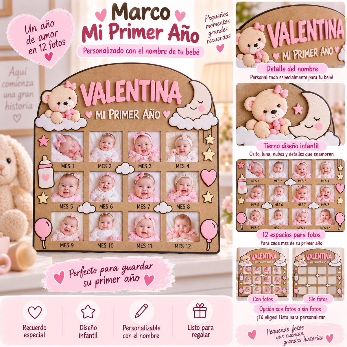 Marco Mi Primer Año Personalizado con 12 Fotos