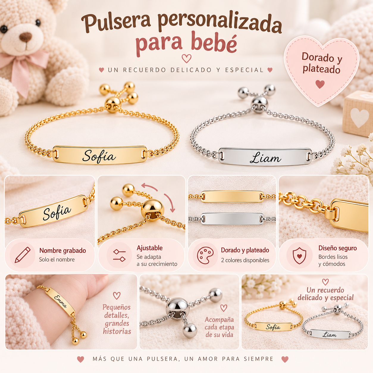 Pulsera Ajustable Personalizada para Bebé con Nombre