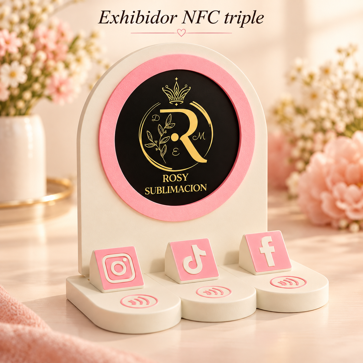 Exhibidor NFC triple con logo circular