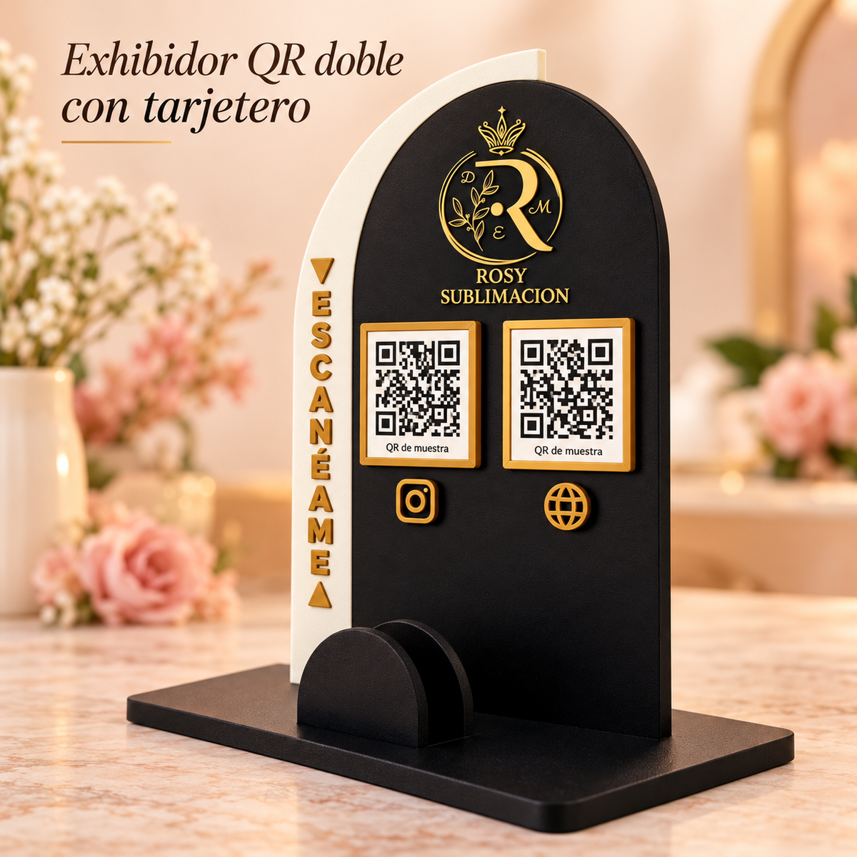 Exhibidor QR doble con tarjetero