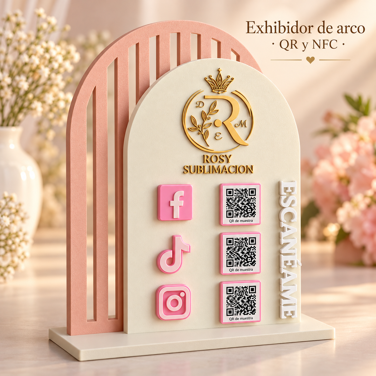 Exhibidor de arco con franjas, QR y NFC