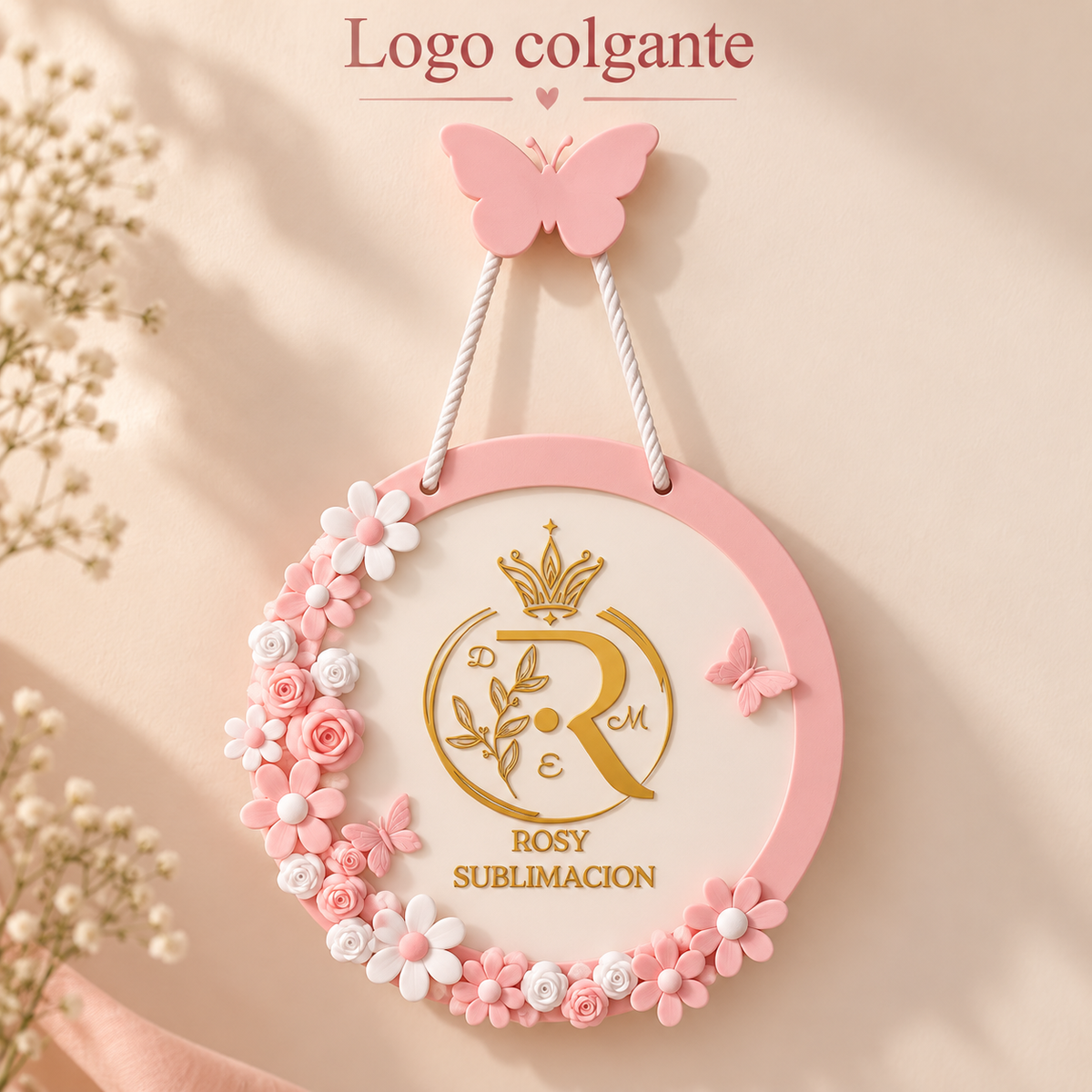 Logo colgante personalizado con flores y mariposa